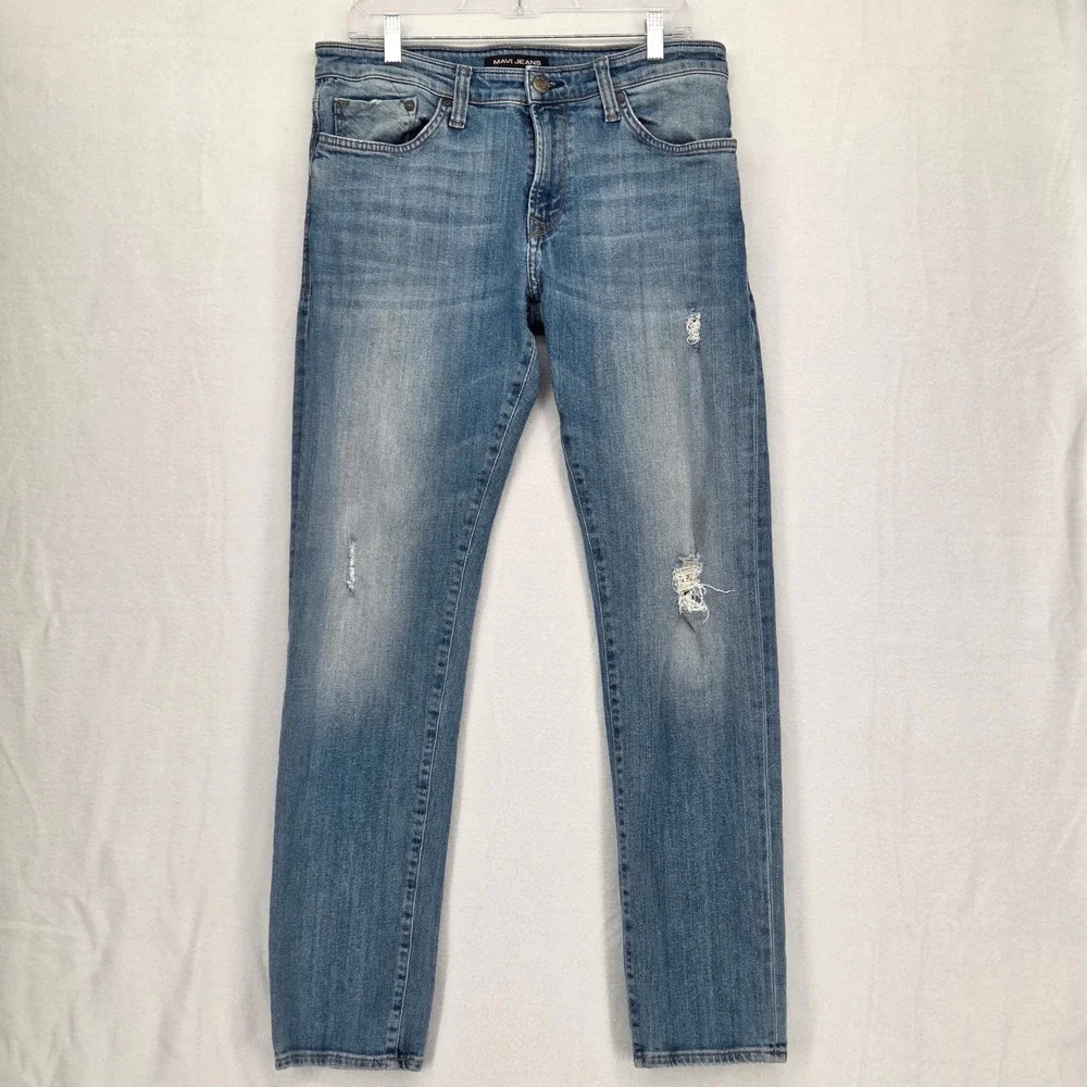 Mavi Men 32 x 31 Slim Fit Straight Jeans Light Wash Distressed‎ Blue Denim